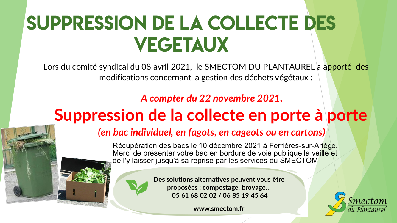 SUPPRESSION DE LA COLLECTE DES VEGETAUX