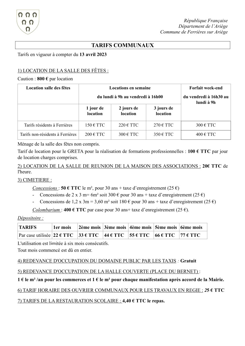 TARIFS COMMUNAUX A COMPTER DU 13 AVRIL 2023