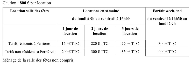 tarifs location salle